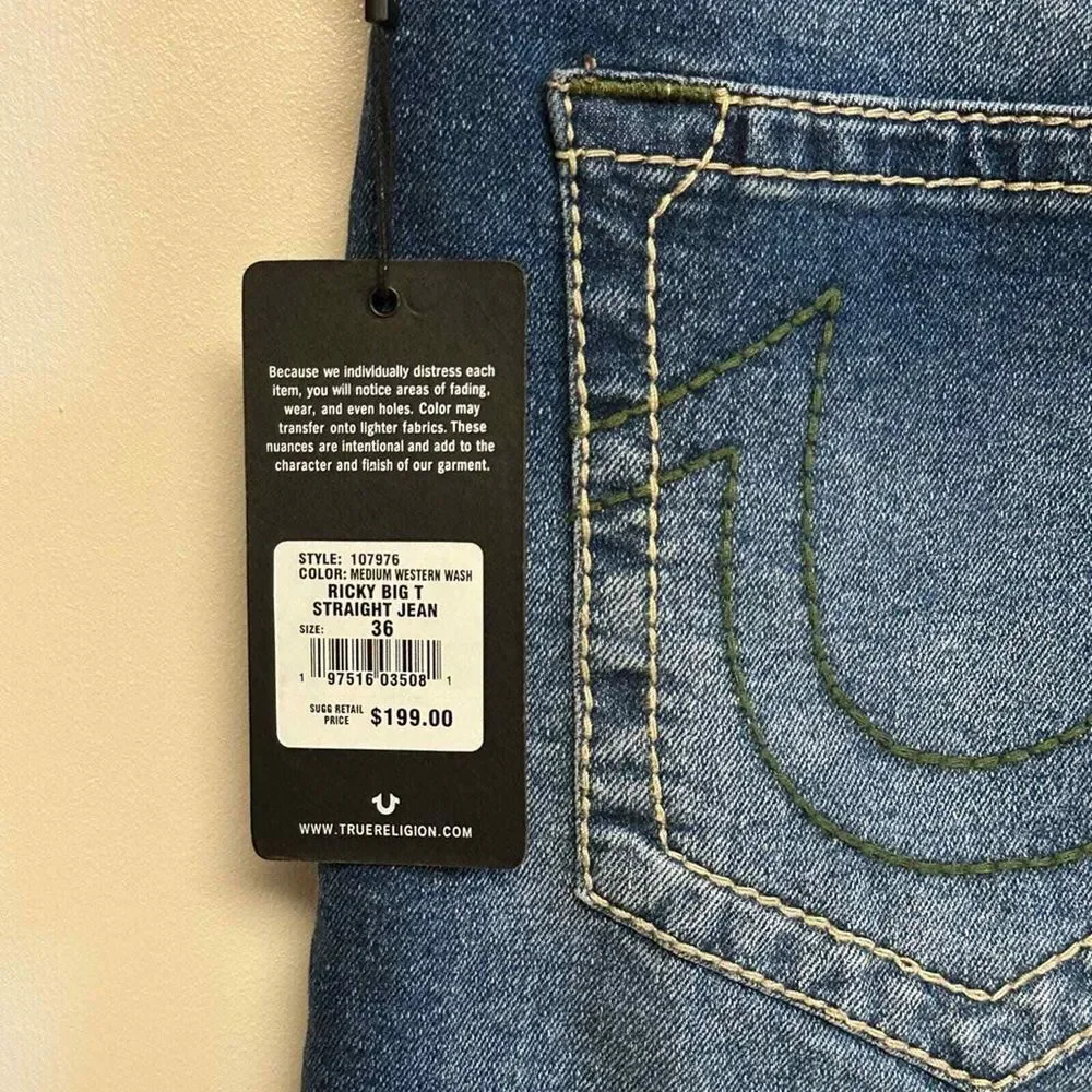 True Religion Ricky Big T Relaxed Straight‎ Jean Size 36 Inseams 34 NWT $199